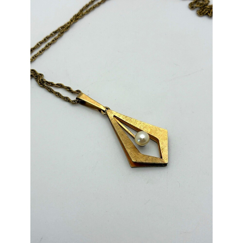 Carl-Art 12K GF Geometric Diamond Pendant Pearl 12K GF Rope Chain Necklace 22”
